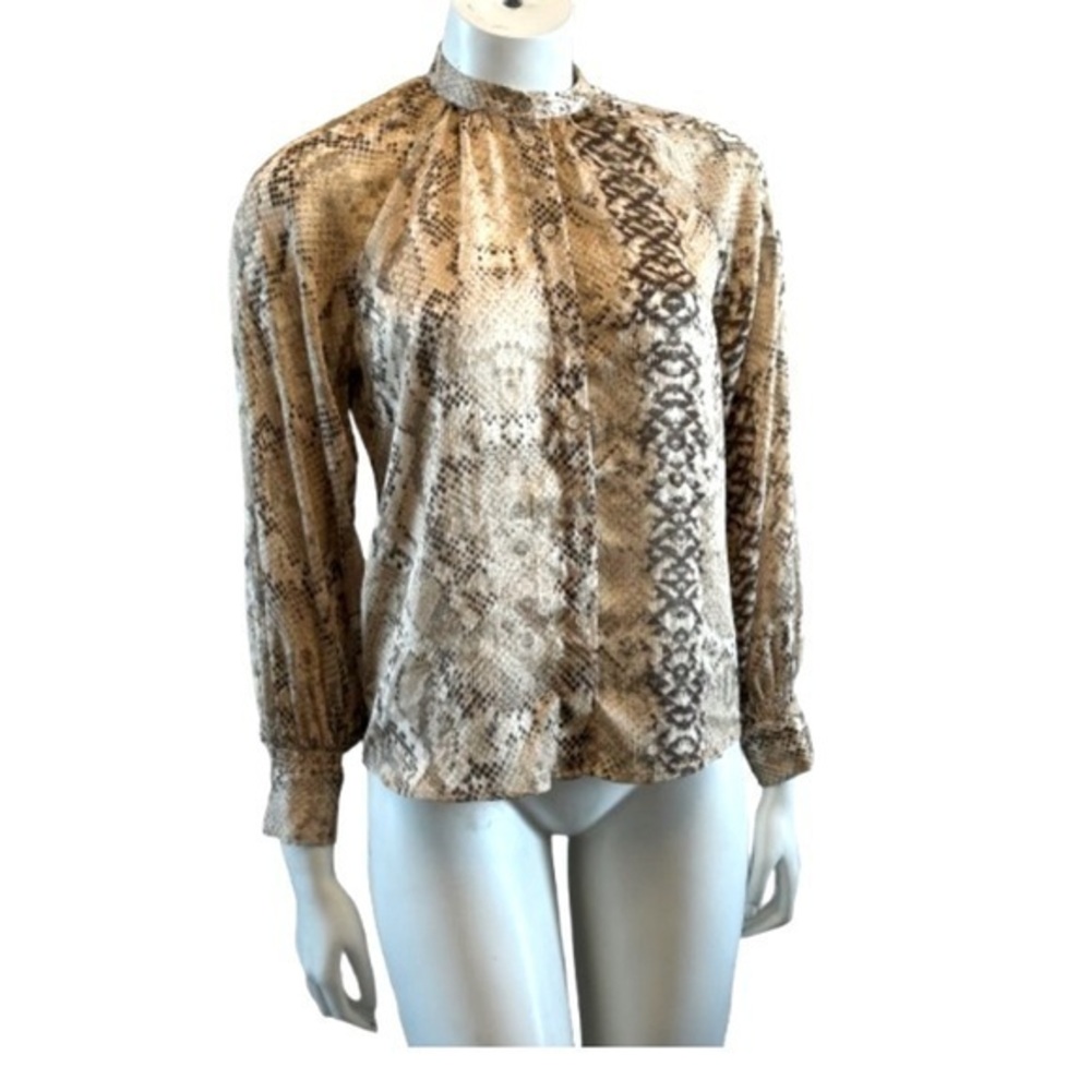 H&M Tan and Brown Long Sleeve Button Up Blouse with Mandarin Collar